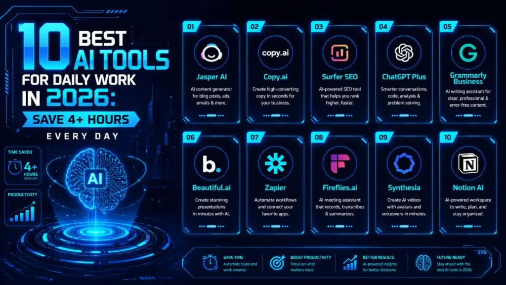 Infographic titled 10 Best AI Tools for Daily Work in 2026 showing a list of productivity software including Motion, Reclaim, and Jasper designed to save 4 plus hours every day.