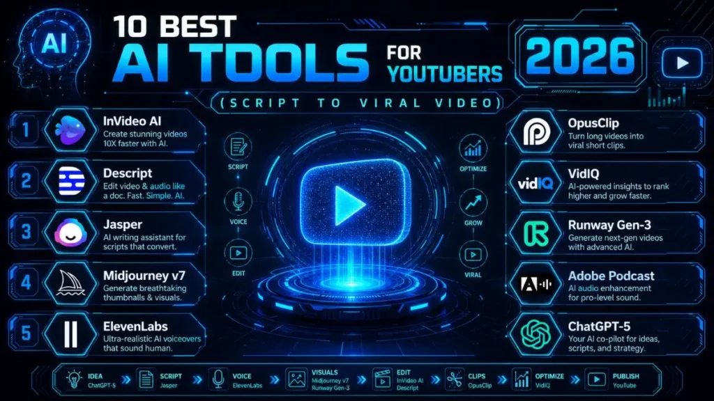 Infographic titled '10 Best AI Tools for YouTubers 2026' featuring InVideo AI, Descript, Jasper, Midjourney v7, ElevenLabs, OpusClip, VidIQ, Runway Gen-3, Adobe Podcast, and ChatGPT-5. The workflow covers Idea, Script, Voice, Visuals, Edit, Clips, Optimize, and Publish.