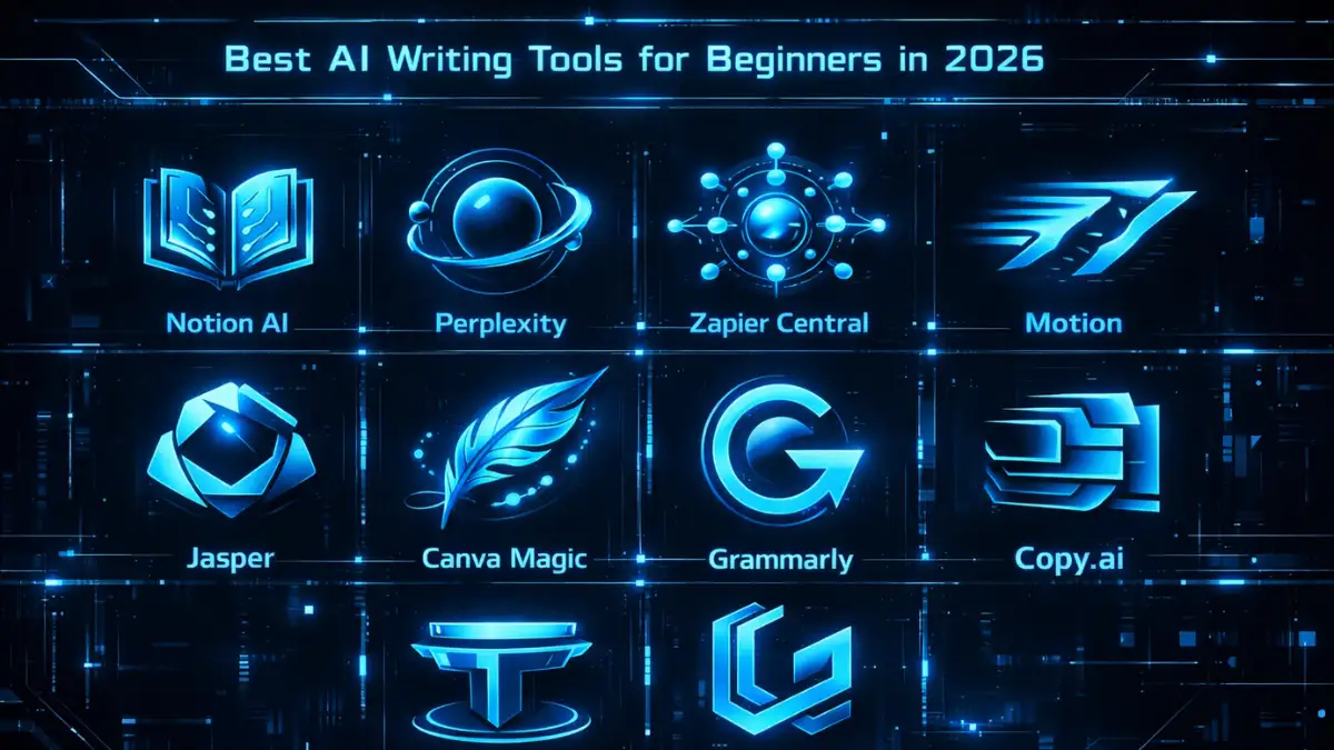 Futuristic blue neon infographic showing 10 AI writing platforms including AI Ideator, Story Weaver, and SEO Optimizer.