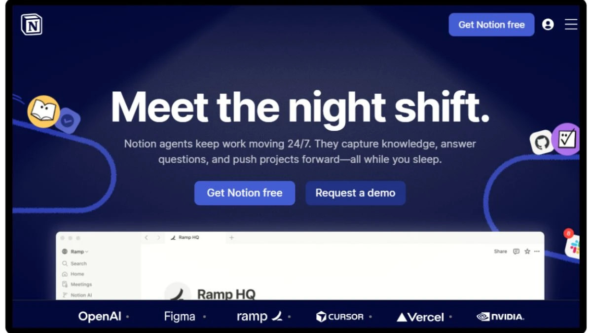 Screenshot of Notion AI website featuring 'Meet the night shift' agents and the Ramp HQ workspace dashboard.