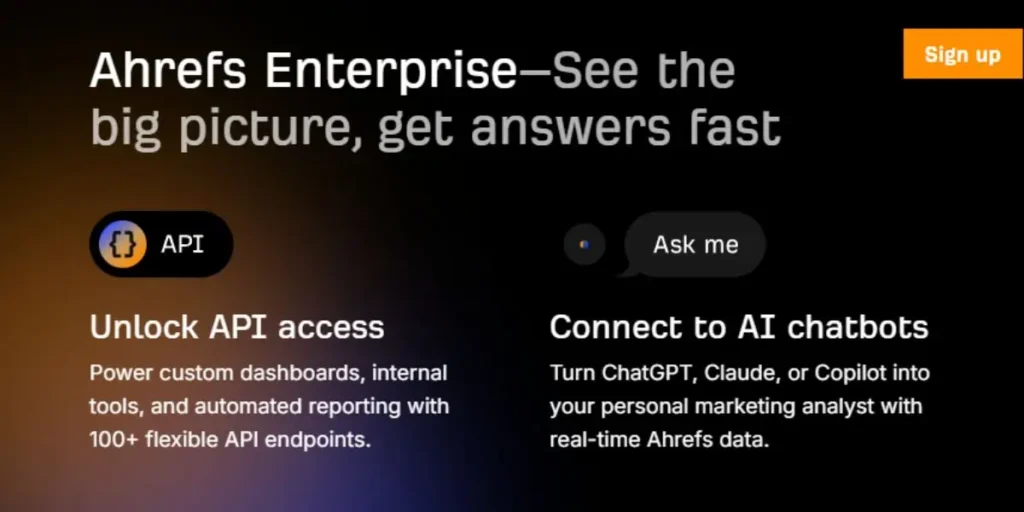 Ahrefs Enterprise website screenshot featuring 'See the big picture, get answers fast' headline with 'Unlock API access' and 'Connect to AI chatbots' features.