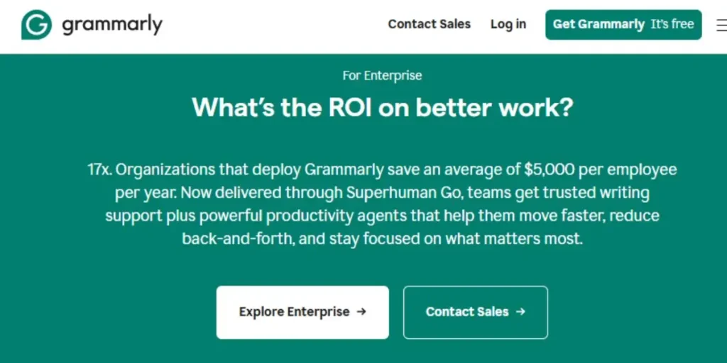 Official Grammarly Enterprise website screenshot featuring 'What’s the ROI on better work?' and productivity agents for business teams