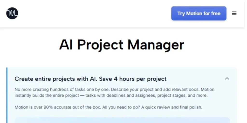 Motion AI dashboard for 2026 showing an integrated calendar with automated task time-blocking, project management views, and AI auto-scheduling features.