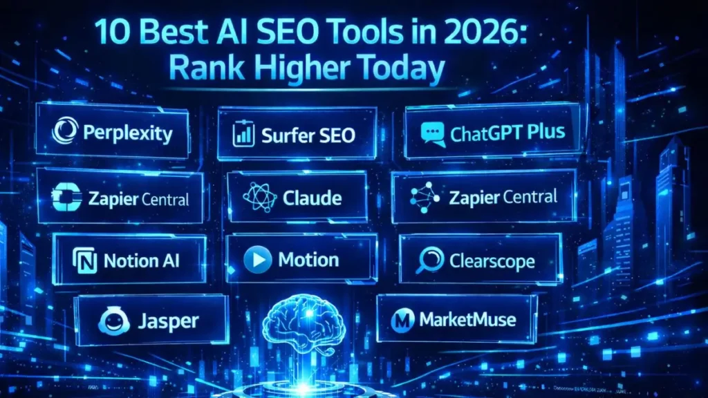 Infographic of 10 best AI SEO tools in 2026 featuring Perplexity, Surfer SEO, ChatGPT Plus, Zapier Central, Claude, Notion AI, Motion, Clearscope, Jasper, and MarketMuse.