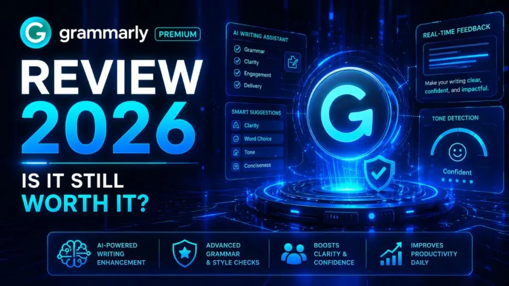 Grammarly Premium Review 2026 infographic showing AI writing assistant features, tone detection, and real-time feedback for professional writers.