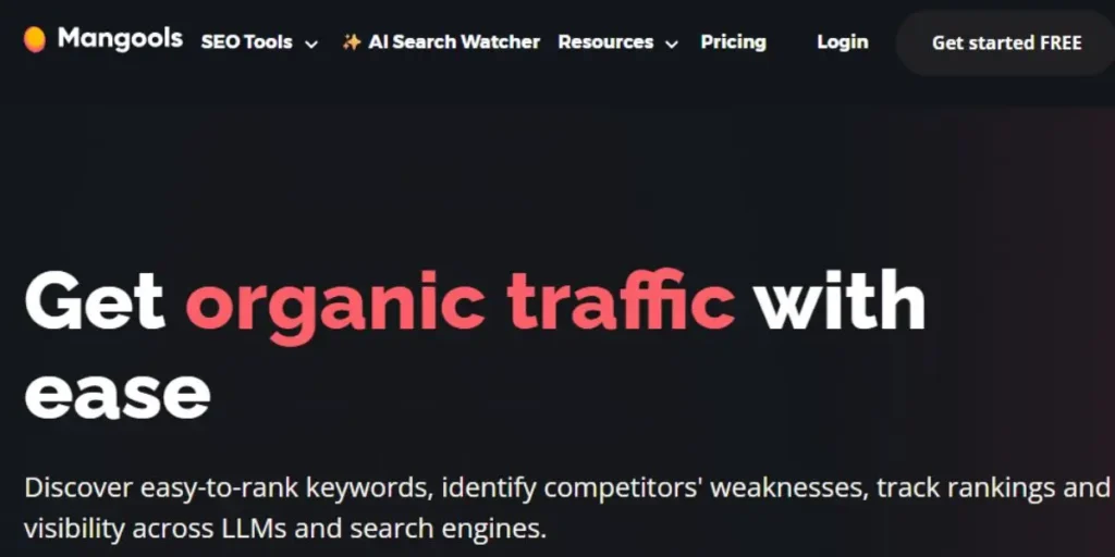 Official Mangools website screenshot featuring 'SEO tools you will love' and tools like KWFinder, SERPChecker, SERPWatcher, LinkMiner, and SiteProfiler.