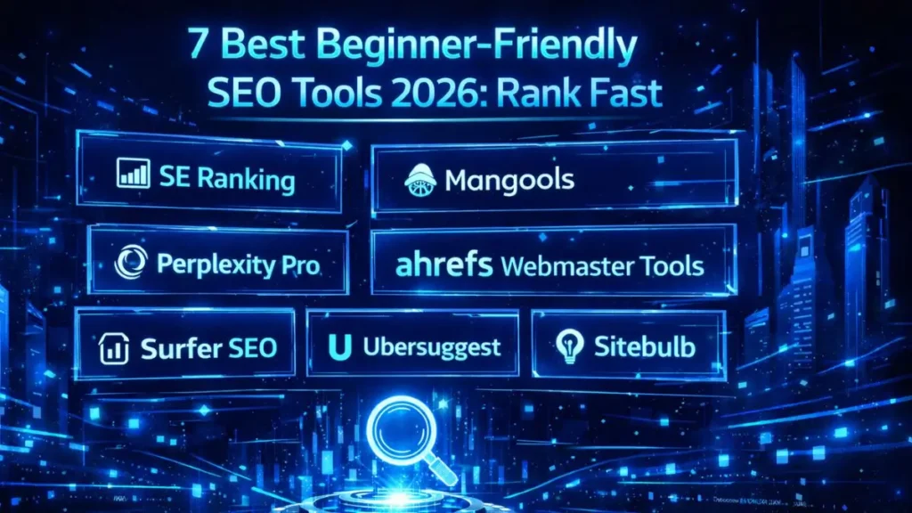Infographic of 7 best beginner-friendly SEO tools 2026 featuring SE Ranking, Mangools, Perplexity Pro, ahrefs Webmaster Tools, Surfer SEO, Ubersuggest, and Sitebulb.