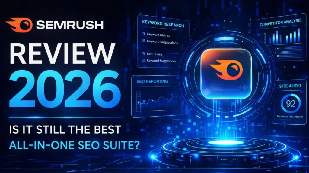 Semrush Review 2026 infographic showing an advanced technical SEO dashboard with metrics for keyword research, competitor tracking, site audit (92% health), and dynamic SEO reporting.