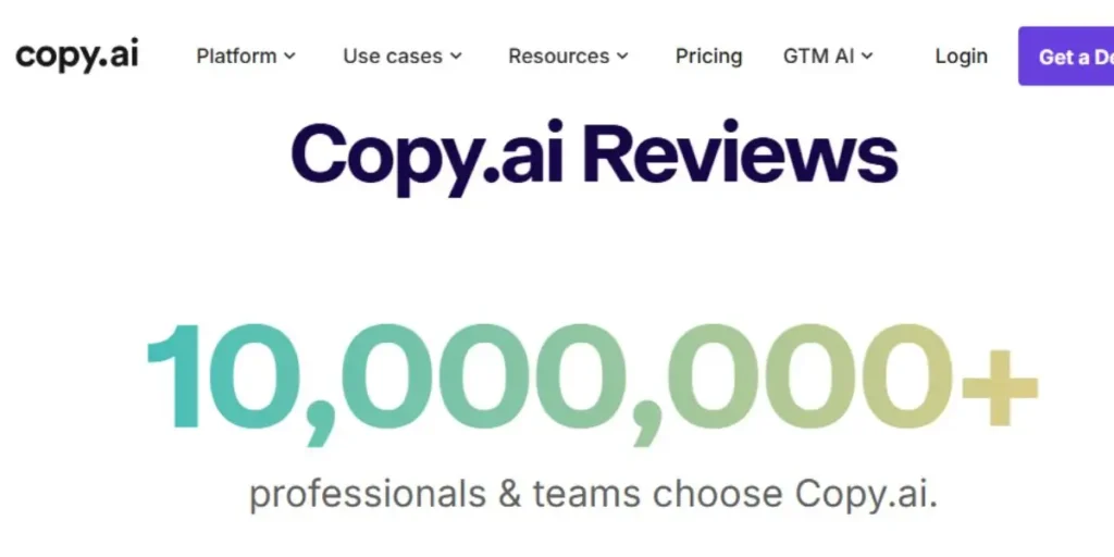 Official Copy.ai website screenshot showing 10,000,000+ professionals and teams choose Copy.ai for marketing and writing reviews.