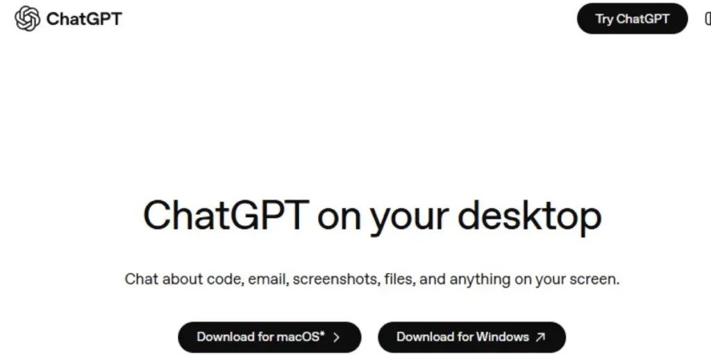 ChatGPT desktop app landing page featuring a laptop showing the 'Chat about everything on your screen' feature with buttons to download for macOS and Windows.
