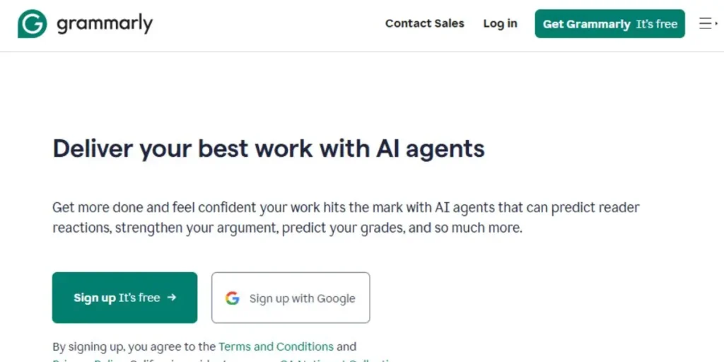 Grammarly website page with the headline 'Deliver your best work with AI agents' and a description of predictive capabilities for reader reactions and grades.