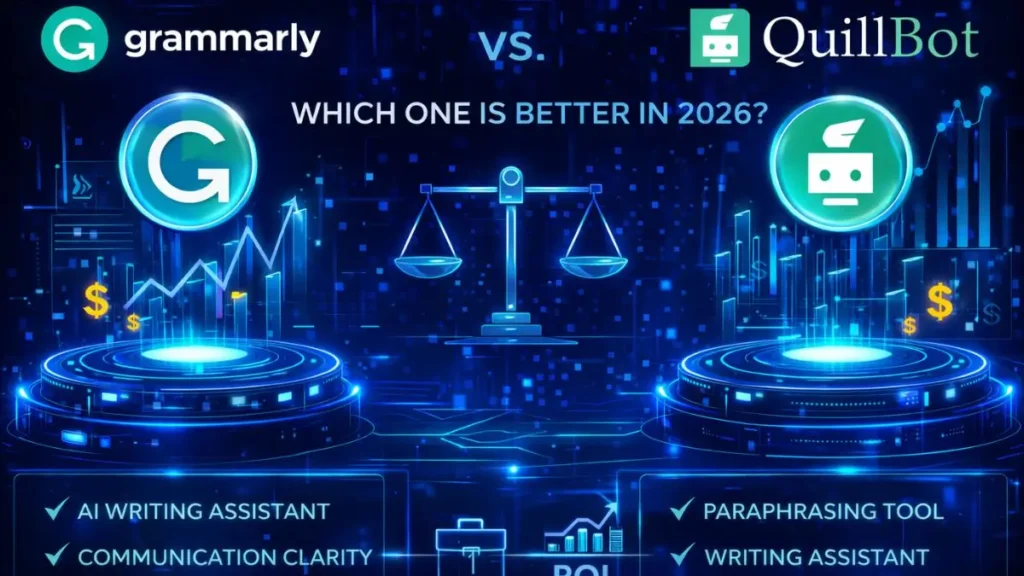 Comparison infographic for Grammarly vs. QuillBot with the headline 'Which One is Better in 2026?' highlighting Grammarly as an AI writing assistant for communication clarity and QuillBot as a paraphrasing tool.
