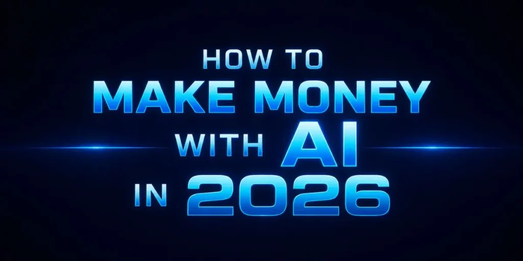Text-based graphic with the headline 'How to Make Money with AI in 2026' and sub-headline '7 Ways to Hit $5K Monthly,' featuring blue glowing text on a dark background.