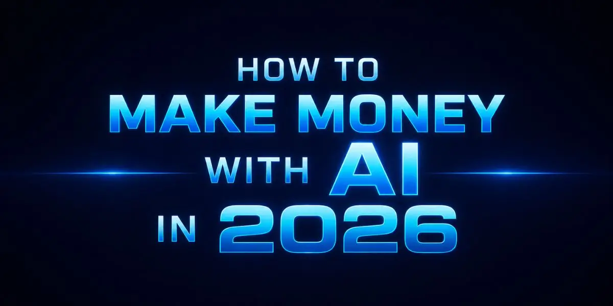Text-based graphic with the headline 'How to Make Money with AI in 2026' and sub-headline '7 Ways to Hit $5K Monthly,' featuring blue glowing text on a dark background.