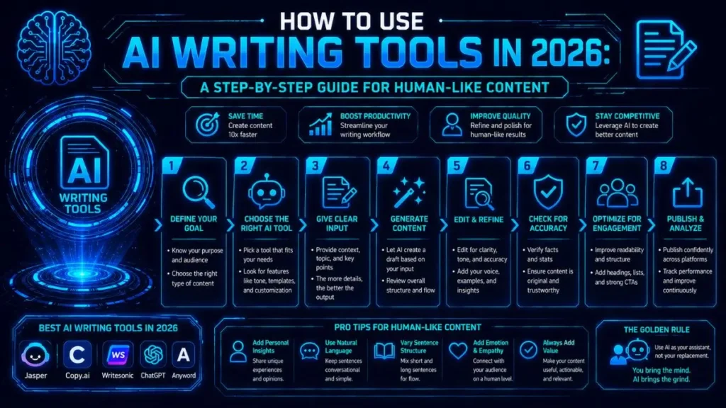 Infographic titled 'How to Use AI Writing Tools in 2026' featuring an 8-step process: Define Goal, Choose Tool, Clear Input, Generate, Edit, Check Accuracy, Optimize, and Publish. Includes pro-tips for human-like content and lists Jasper, Copy.ai, Writesonic, ChatGPT, and Anyword.