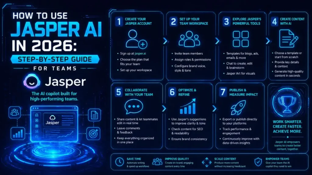 Infographic titled 'How to Use Jasper AI in 2026: Step-By-Step Guide for Teams' outlining a 7-step process: Account Setup, Team Workspace, Tool Exploration, Content Creation, Team Collaboration, Optimization, and Impact Measurement.
