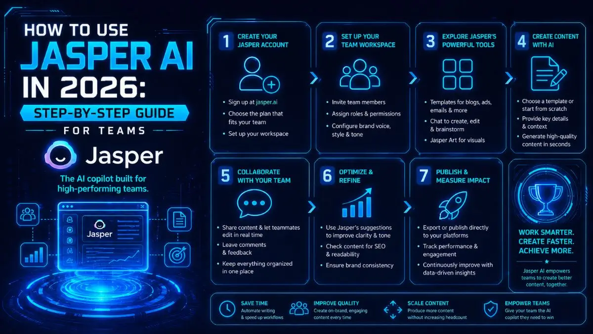 Infographic titled 'How to Use Jasper AI in 2026: Step-By-Step Guide for Teams' outlining a 7-step process: Account Setup, Team Workspace, Tool Exploration, Content Creation, Team Collaboration, Optimization, and Impact Measurement.
