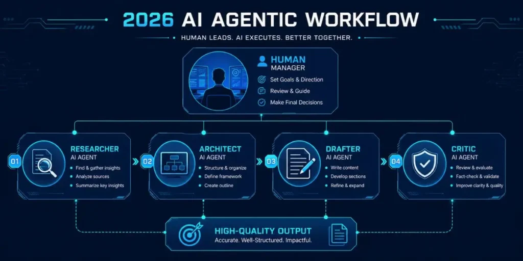 The 2026 AI Agentic Workflow: A human-led ecosystem where AI Researchers, Architects, Drafters, and Critics collaborate to deliver high-quality, actionable output.