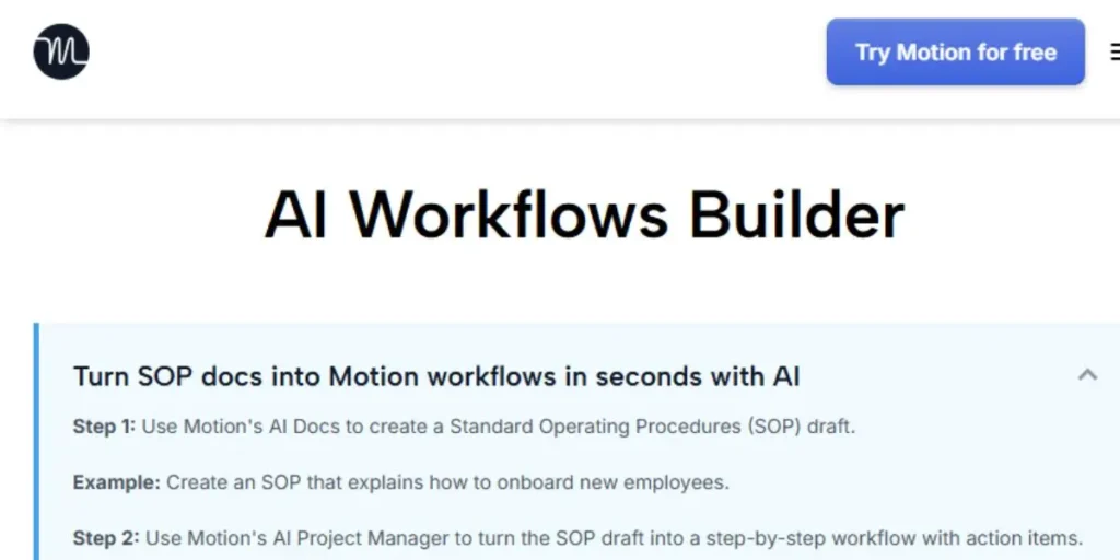 Motion AI project management dashboard showing task lists, progress tracking, priority levels, and automated deadline reminders for team collaboration.