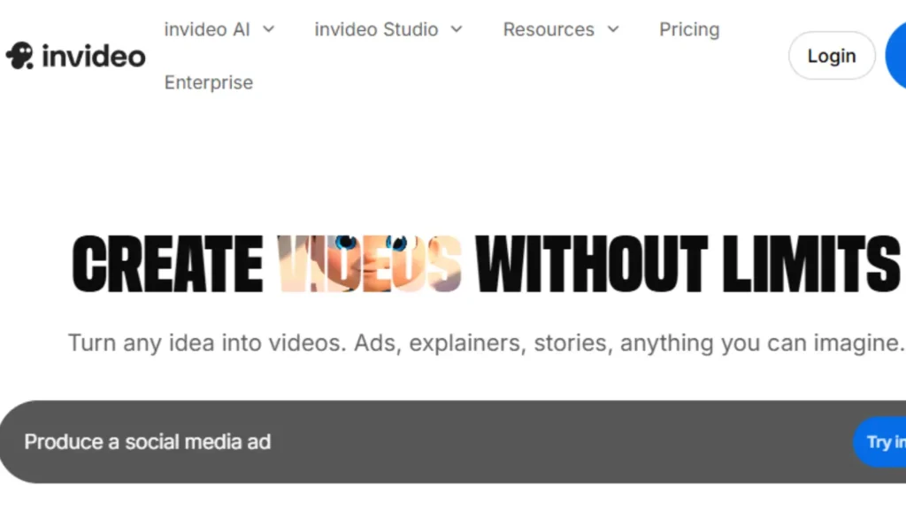 Screenshot of the InVideo AI interface featuring the headline 'Create Videos Without Limits' and a prompt box that reads 'Produce a social media ad,' highlighting its automated video creation capabilities.