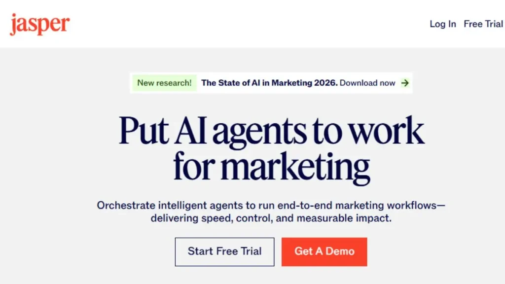 Official Jasper AI website screenshot showcasing 'Put AI agents to work for marketing' headline and enterprise workflow features.