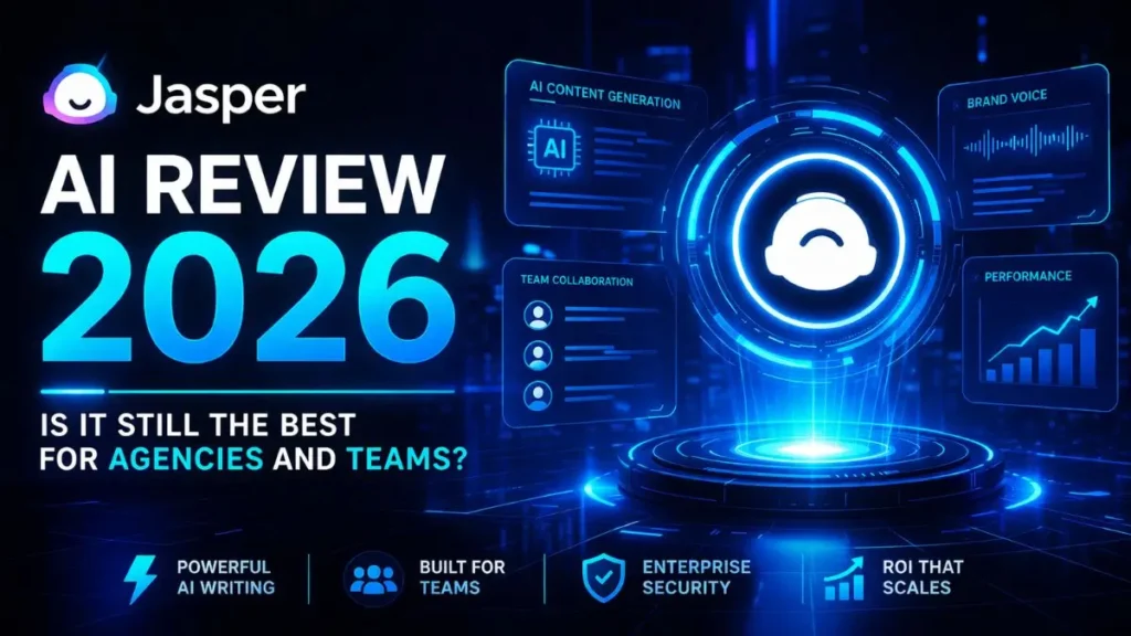 Jasper AI Review 2026 infographic showing brand voice, team collaboration, and performance analytics for marketing agencies.