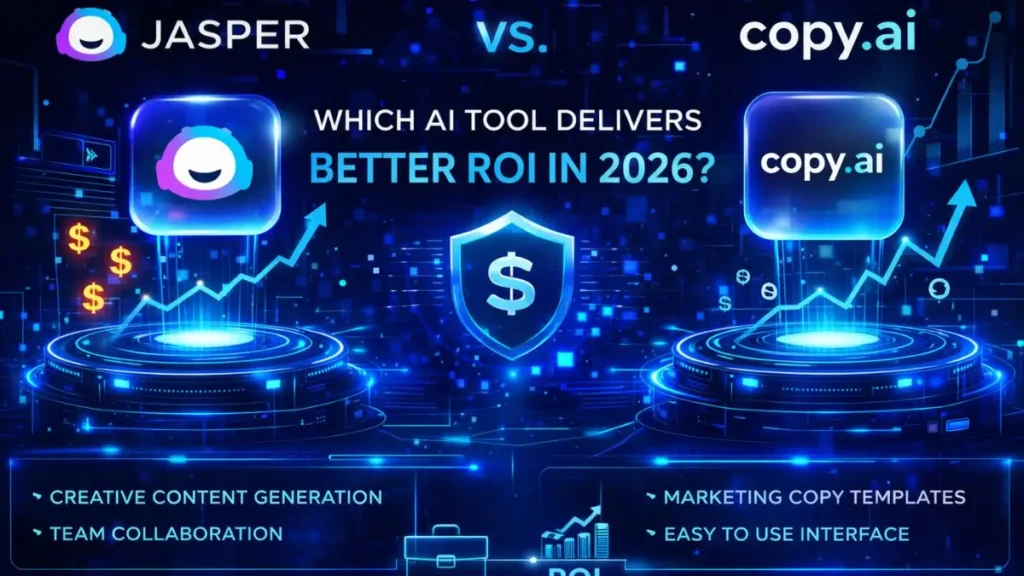 Comparison infographic for Jasper vs. Copy.ai with the headline 'Which AI Tool Delivers Better ROI in 2026?' highlighting creative content generation and marketing copy templates.