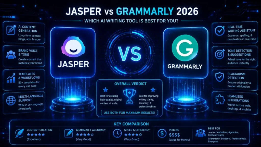 Jasper vs. Grammarly 2026 comparison infographic featuring headlines 'Which AI writing tool is best for you?' with key comparison metrics for content creation, speed, and pricing.