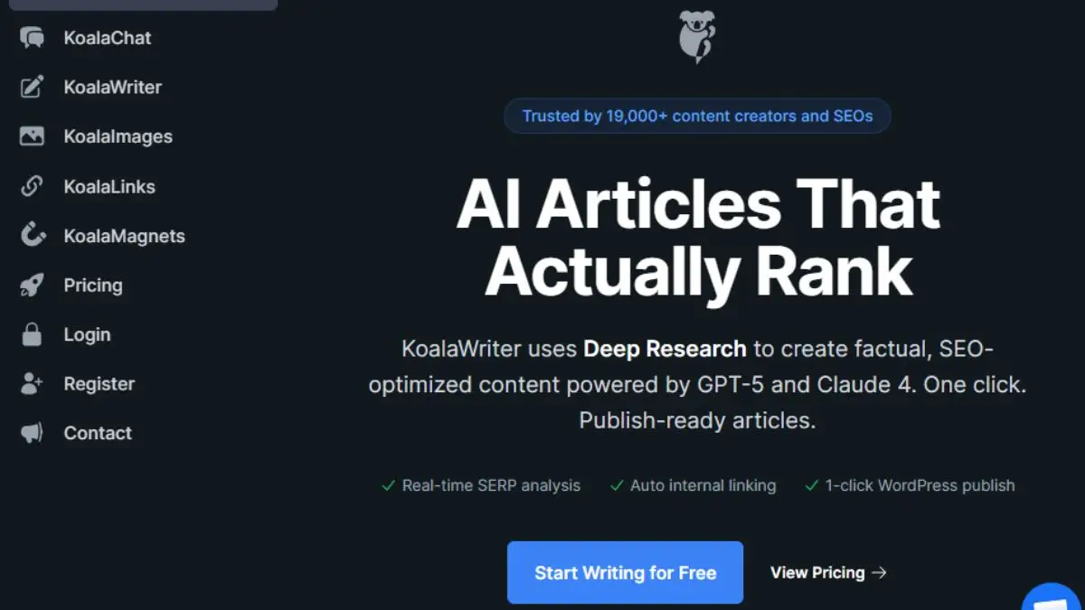 Screenshot of Koala.sh website featuring KoalaWriter, AI article generation tools, and GPT-5 powered SEO content features.