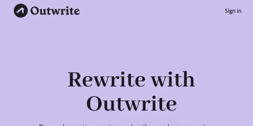Outwrite website page featuring the headline 'Rewrite with Outwrite' and a description of its AI paraphrasing tool for making sentences clear and concise.