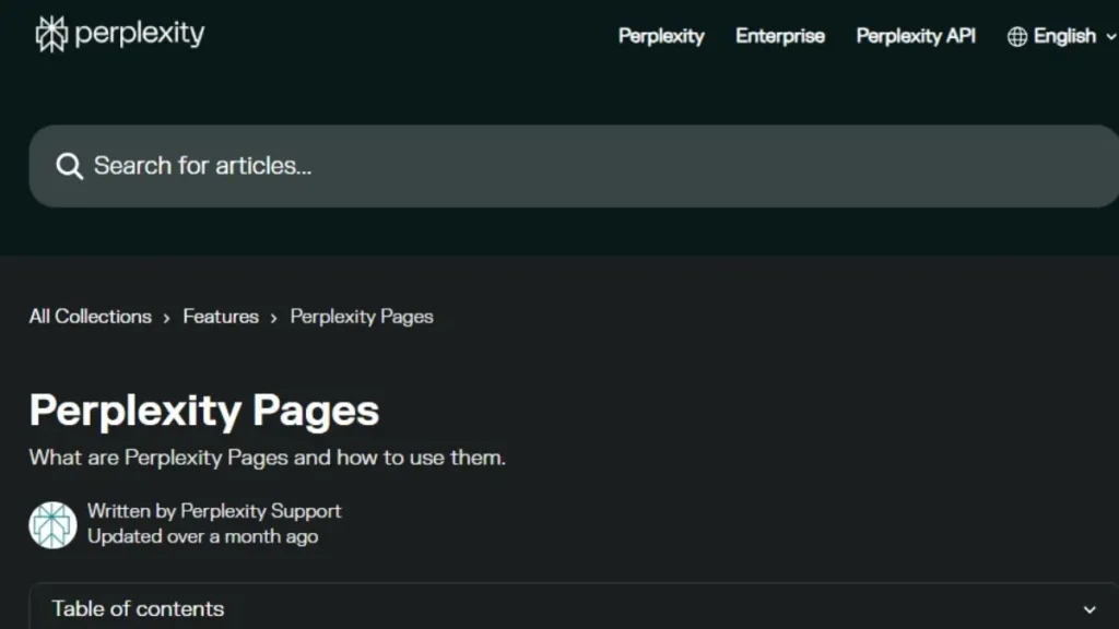 Official Perplexity AI Help Center article screenshot regarding Perplexity Pages product updates and feature status
