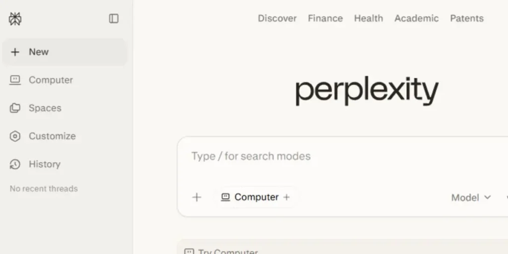 Official Perplexity AI interface screenshot showing 'Type / for search modes' and specialized categories like Discover, Finance, Health, Academic, and Patents.