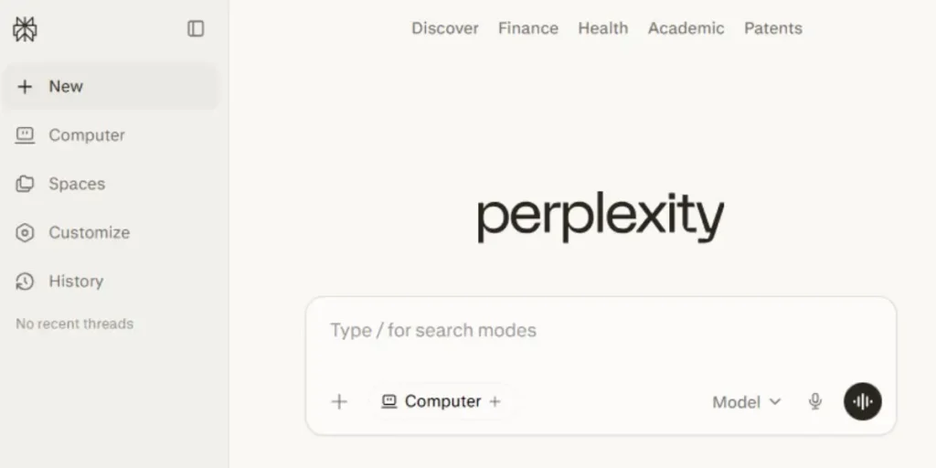 Perplexity AI homepage featuring the minimalist search bar with the headline 'Where knowledge begins' and navigation options for Home, Discover, and Spaces.