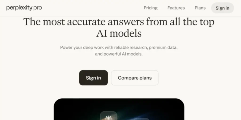 Official Perplexity Pro website screenshot featuring 'The most accurate answers from all the top AI models' headline for deep research.