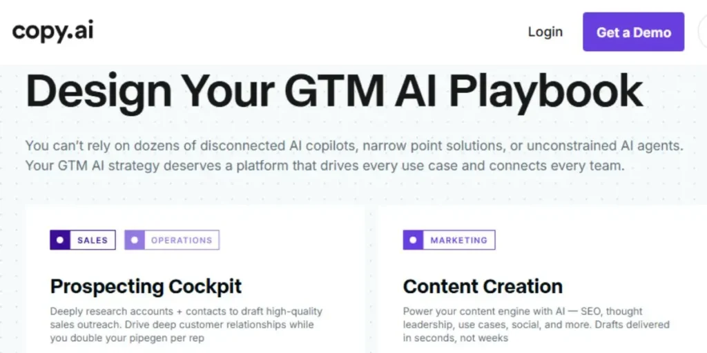 Copy.ai website interface featuring the headline 'Design Your GTM AI Playbook' with sections for Sales Prospecting Cockpit and Marketing Content Creation.