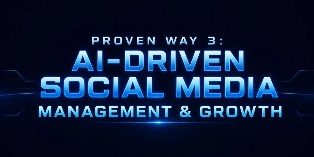 Text-based graphic with the headline 'PROVEN WAY 3: AI-DRIVEN SOCIAL MEDIA MANAGEMENT & GROWTH' featuring glowing blue futuristic text on a professional dark background.