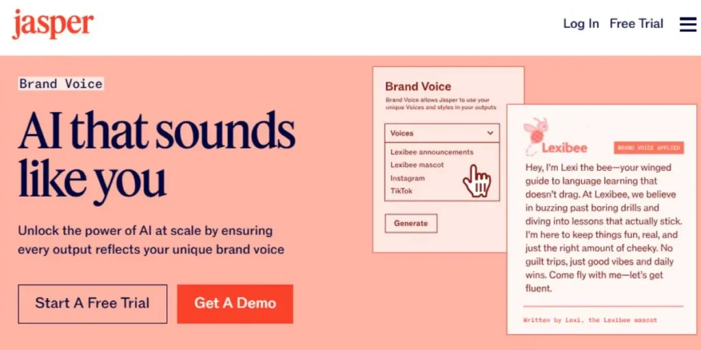 Jasper website interface for Brand Voice featuring the headline 'AI that sounds like you' with options for various voices like 'Lexibee announcements' and 'Lexibee mascot'