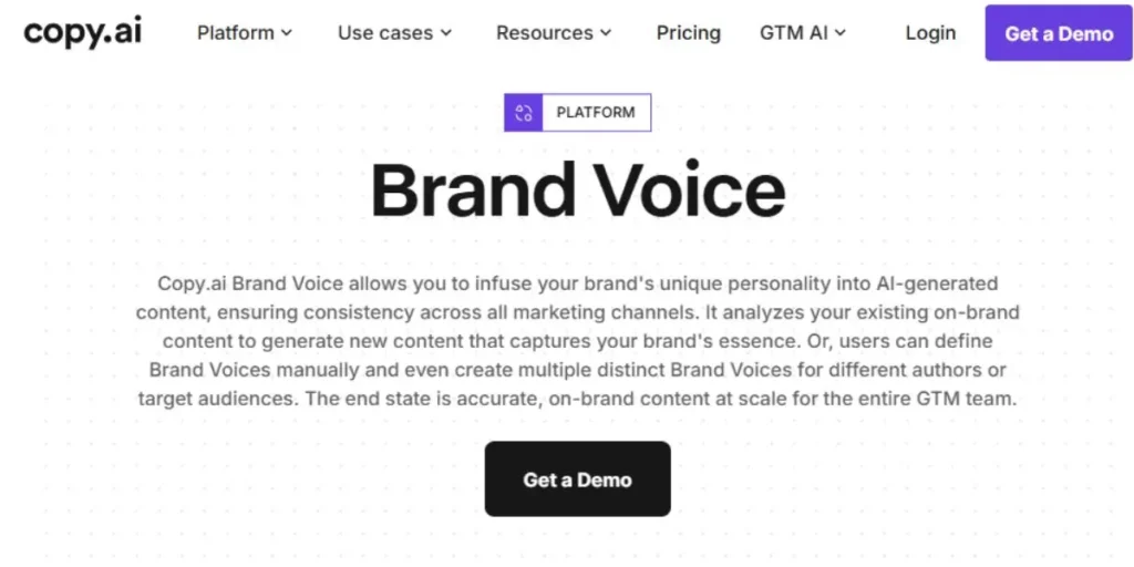 Screenshot of Copy.ai Brand Voice platform showing how to create multiple distinct brand voices for marketing consistency.