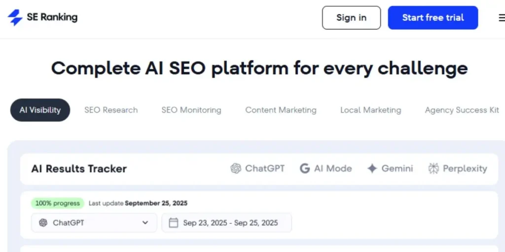 Official SE Ranking website screenshot featuring 'Complete AI SEO platform for every challenge' and the AI Results Tracker for ChatGPT, Google AI Mode, Gemini, and Perplexity