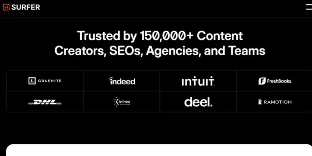 Official Surfer SEO website screenshot showing trust from 150,000+ content creators, SEOs, and teams including logos of Graphite, Indeed, Intuit, and FreshBooks.