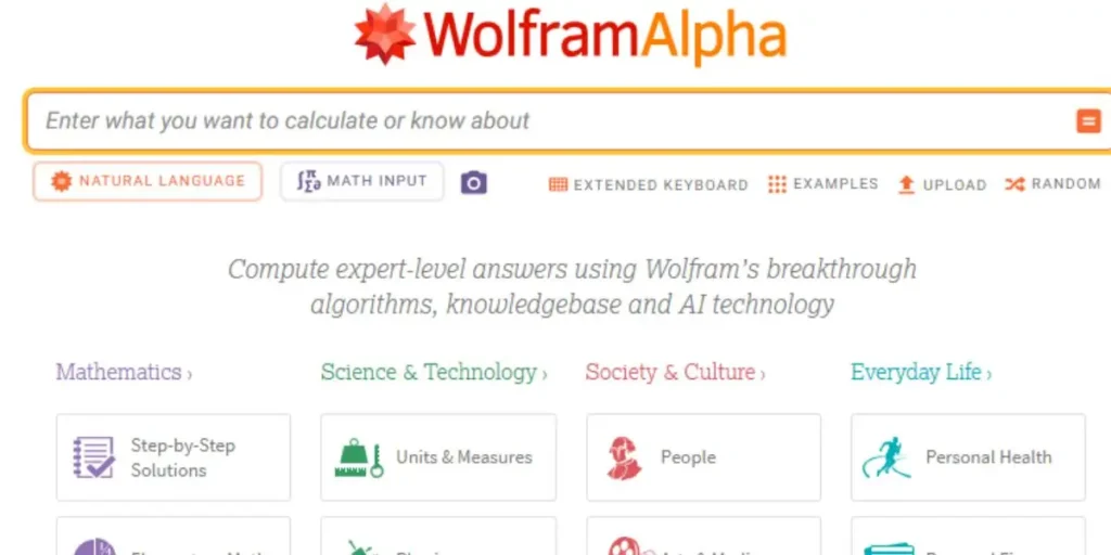 WolframAlpha website interface featuring the search bar 'Enter what you want to calculate or know about' and categories for Mathematics, Science & Technology, and Society & Culture.