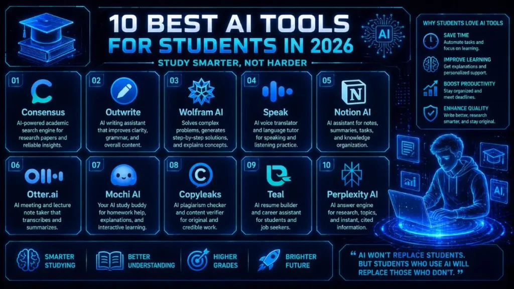 Infographic of the 10 Best AI Tools for Students in 2026, including Consensus, Wolfram AI, Speak, and Mochi AI, with a focus on smarter studying and better grades.