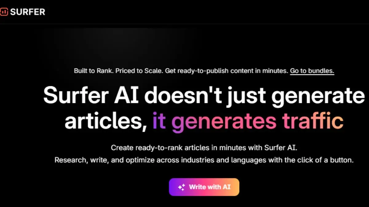 Official Surfer SEO website screenshot featuring the 'Surfer AI generates traffic' headline and AI writing tools for SEO.