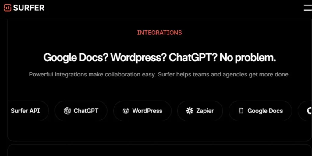 Official Surfer SEO integrations screenshot