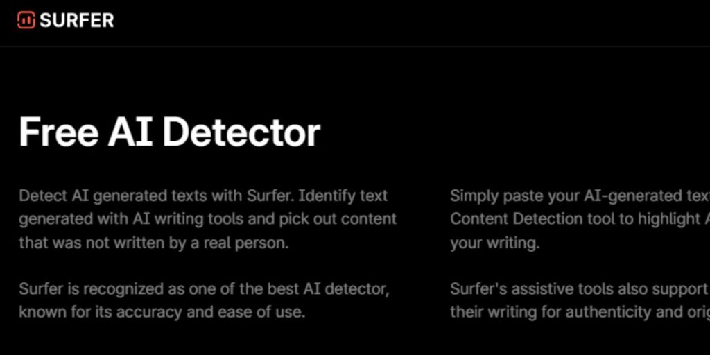 Screenshot of the Surfer SEO Free AI Detector interface, showing a tool that distinguishes between human-written and AI-generated text to help editors maintain content integrity and avoid search engine penalties.