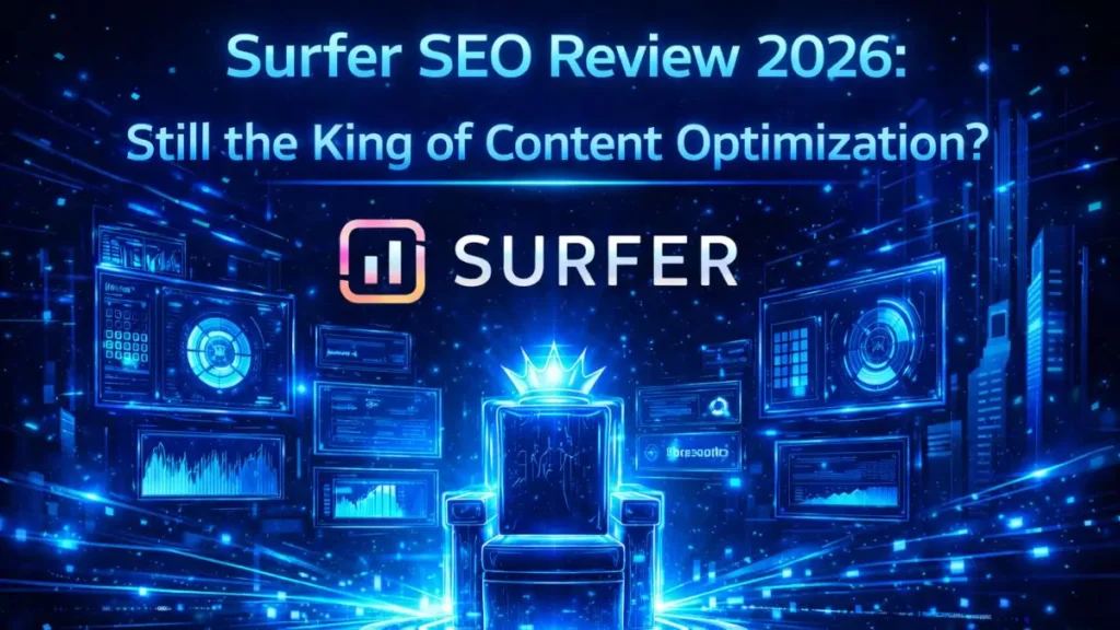 Surfer SEO Review 2026 infographic showing a professional workspace with content optimization, keyword research, and SERP analysis icons.