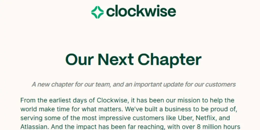 Clockwise website announcement for 2026 highlighting its mission to help companies like Uber and Netflix create Focus Time by moving millions of meetings to better times.