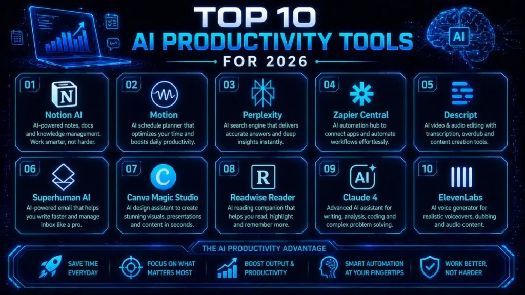 Infographic of the Top 10 AI Productivity Tools for 2026, including Notion AI, Motion, Zapier Central, and Canva Magic Studio, highlighting features like smart automation and time-saving.