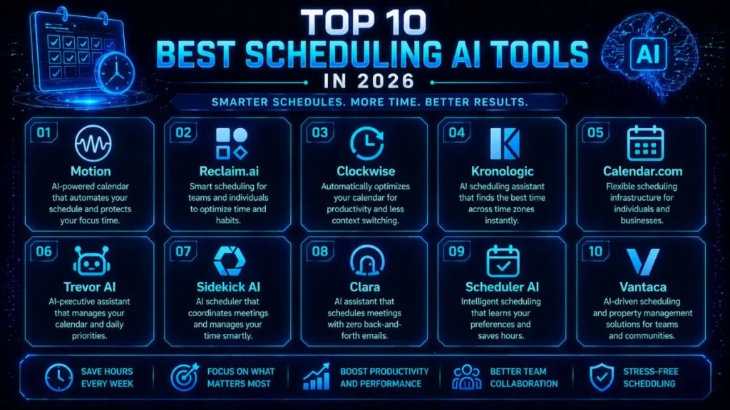 Comprehensive 2026 AI tool guide featuring infographics for the Top 10 Scheduling Tools, Semrush Search Performance Overview, and Surfer SEO’s AI Content Humanizer dashboard.