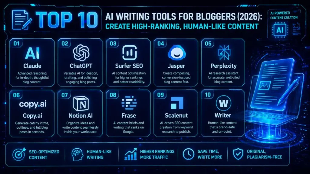 Infographic of Top 10 AI Writing Tools for Bloggers in 2026, including Claude, ChatGPT, Surfer SEO, Jasper, and Perplexity, focusing on human-like writing and higher search rankings.